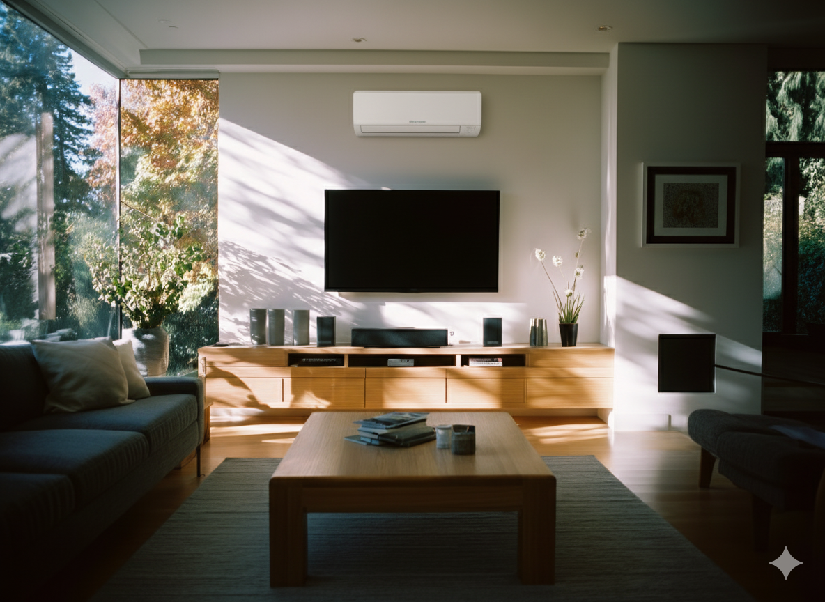 Familia en una sala de estar a oscuras, iluminada por velas.