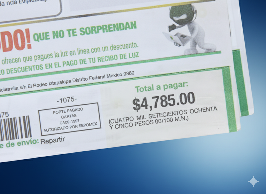 Persona preocupada viendo un recibo de luz.