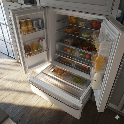 Persona mirando con preocupación el interior de un refrigerador apagado.