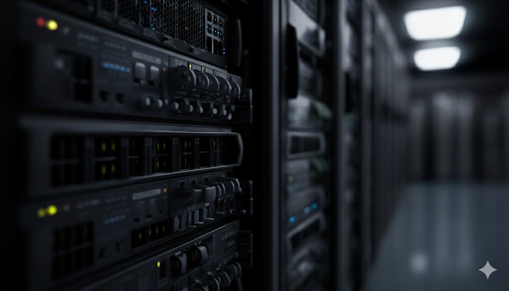 Sala de servidores con luces de advertencia rojas.